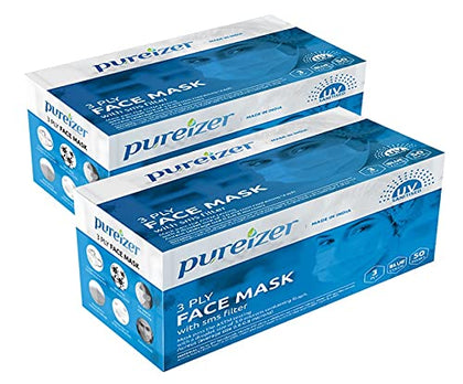 PUREIZER 3 PLY MASK WITH SMS FILTER & NOSEPIN - PACK OF 100 PCS - MELTBLOWN FABRIC BLUE COLOR