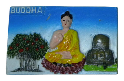 Lord Buddha, auspicious Bodhi Tree and Sanchi Stupa Fridge Magnet for Home Decoration and Gifting, Souvenir (Polyresin, 2